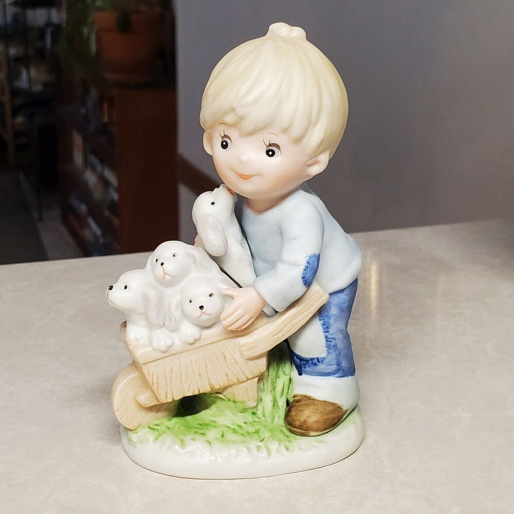 Homco Boy With A Wheelbarrow Of Puppies 1402  Retired 4.75"
